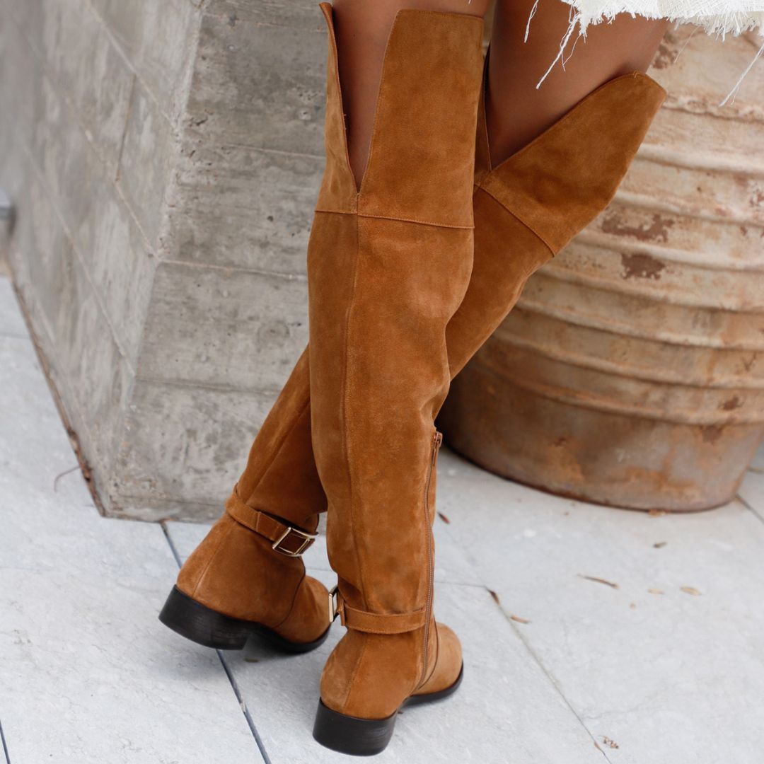 PINK BROWN SUEDE BOOT WITH LEATHER FLAP