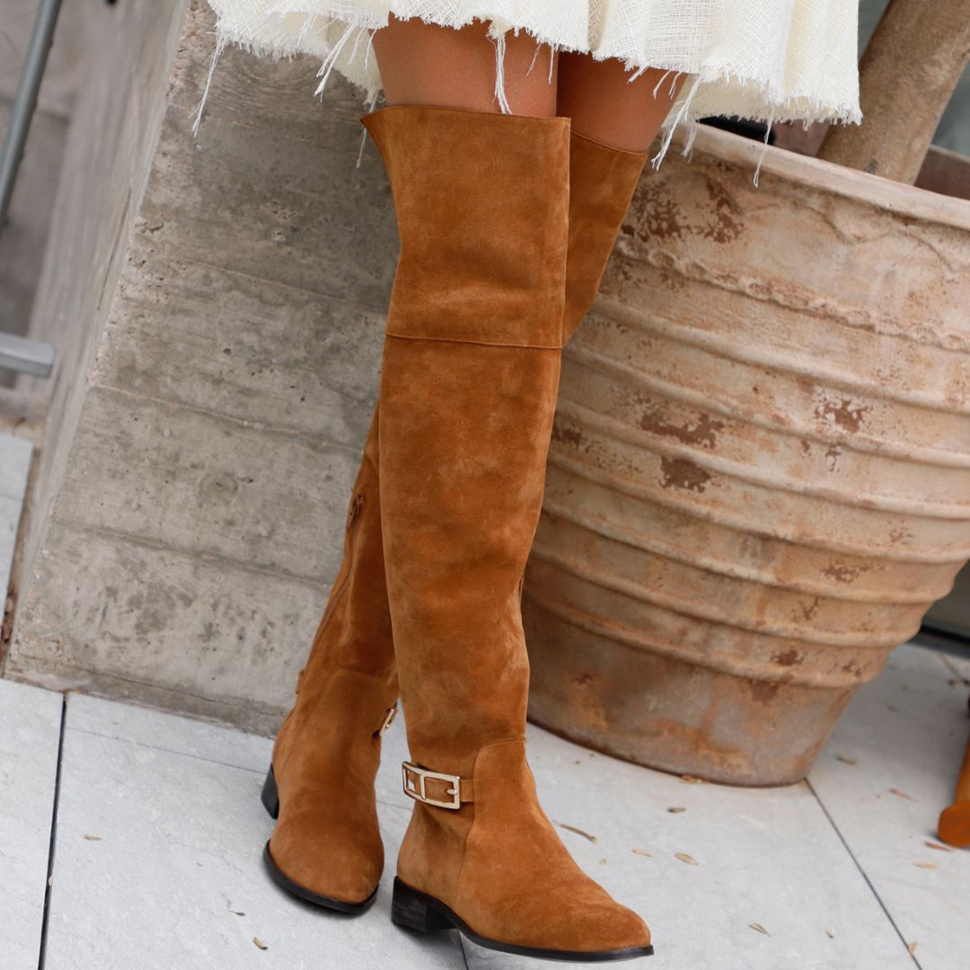 PINK BROWN SUEDE BOOT WITH LEATHER FLAP