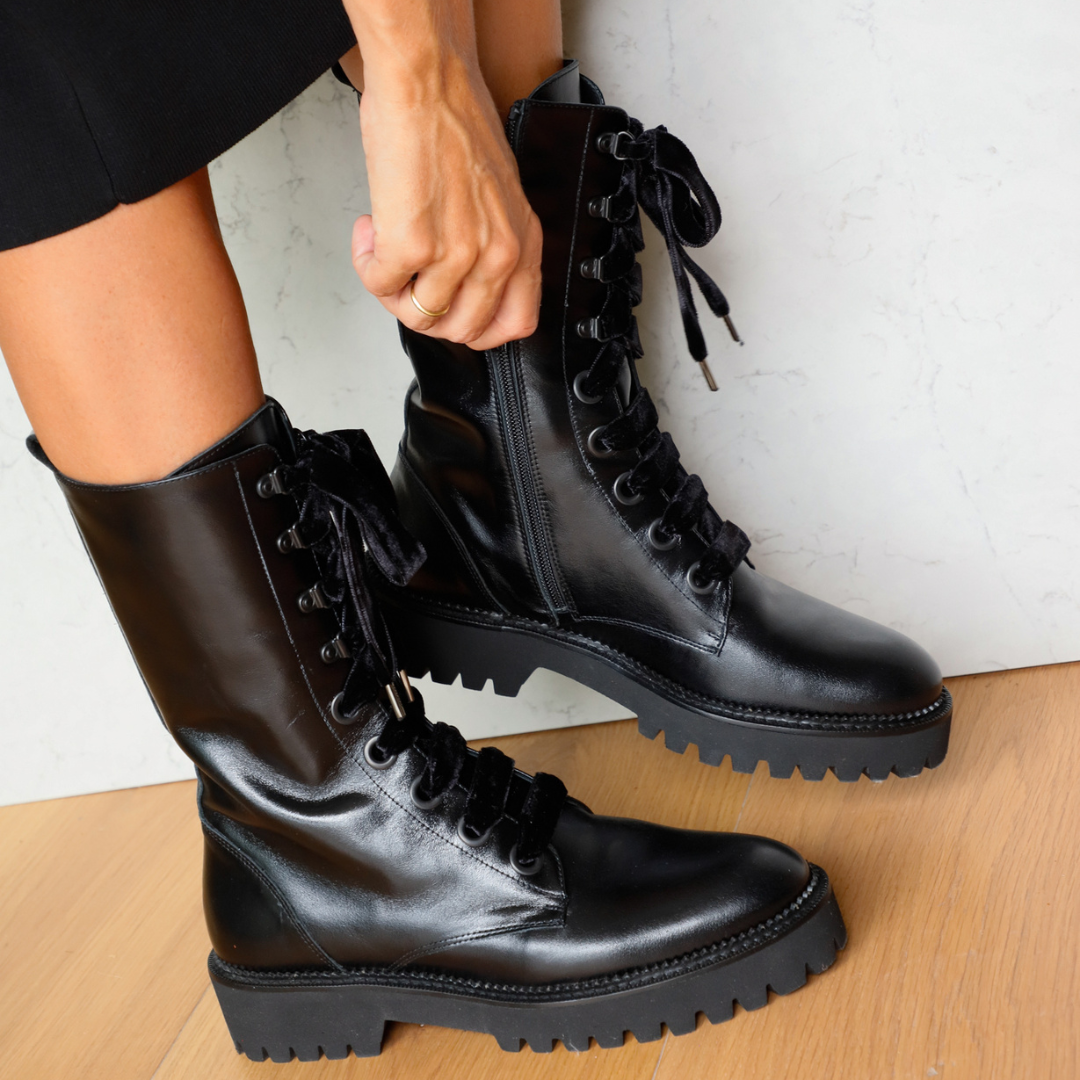 CARLOTA BLACK LEATHER BIKER BOOT 4CM