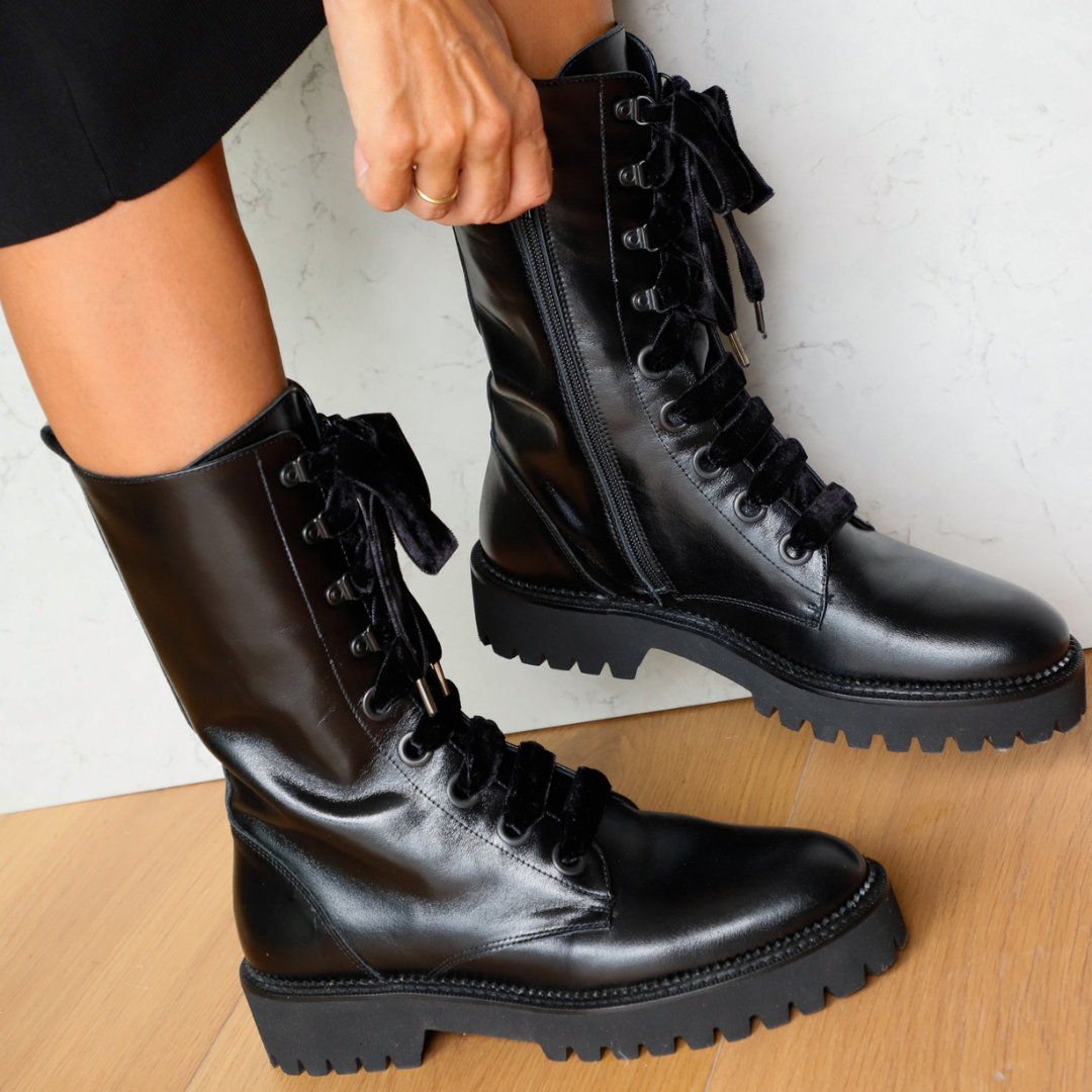CARLOTA BLACK LEATHER BIKER BOOT 4CM