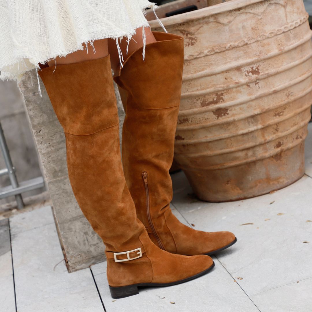 PINK BROWN SUEDE BOOT WITH LEATHER FLAP