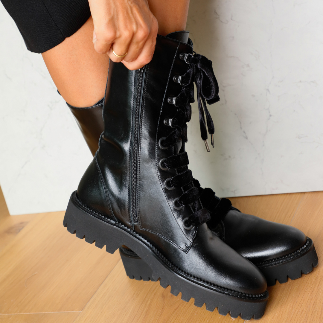 CARLOTA BLACK LEATHER BIKER BOOT 4CM