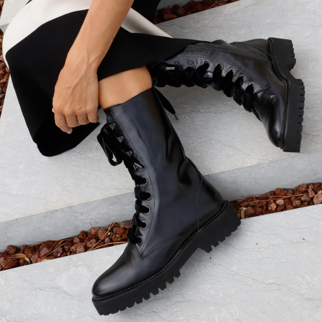 CARLOTA BLACK LEATHER BIKER BOOT 4CM