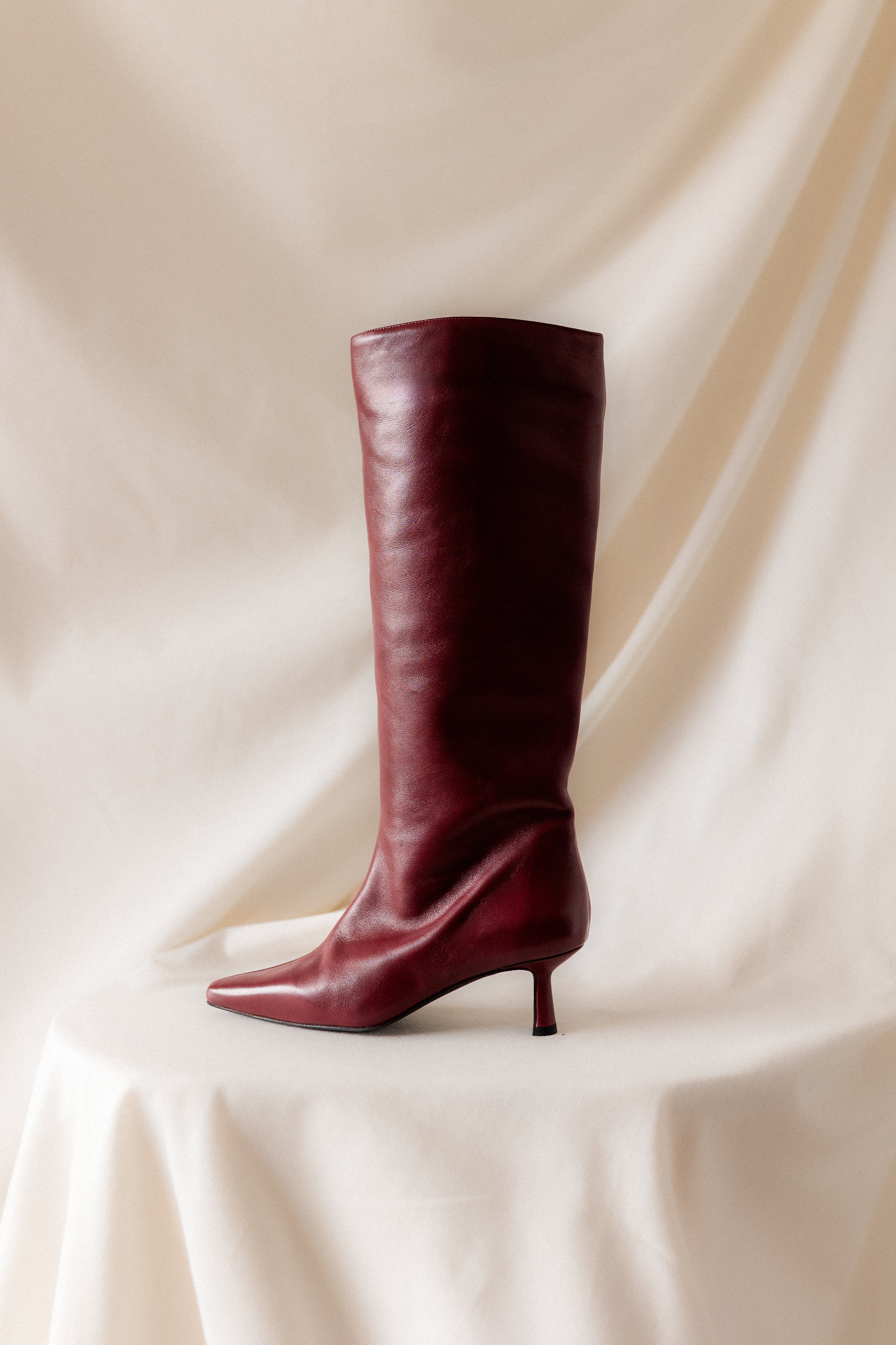 PEPA BOOT BURGUNDY LEATHER MIDI HEEL 5CM