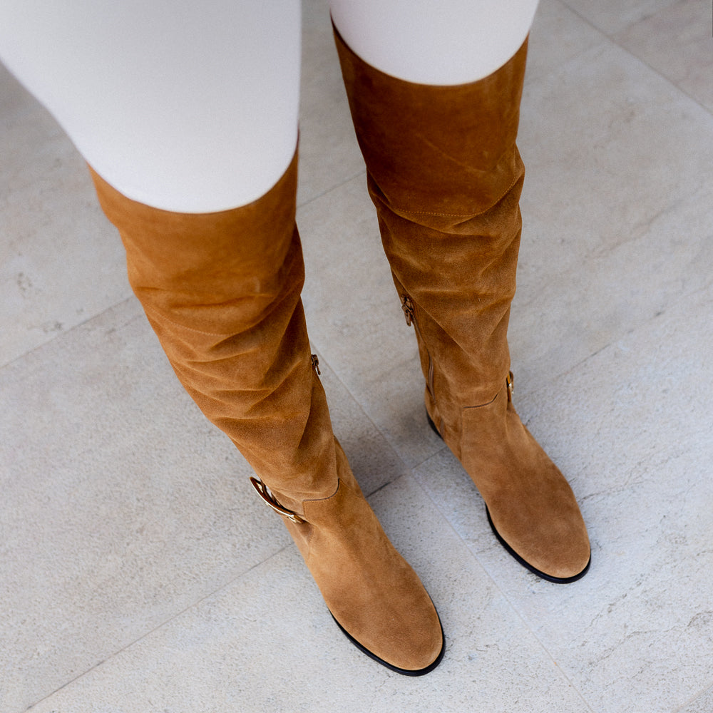 PINK BROWN SUEDE BOOT WITH LEATHER FLAP