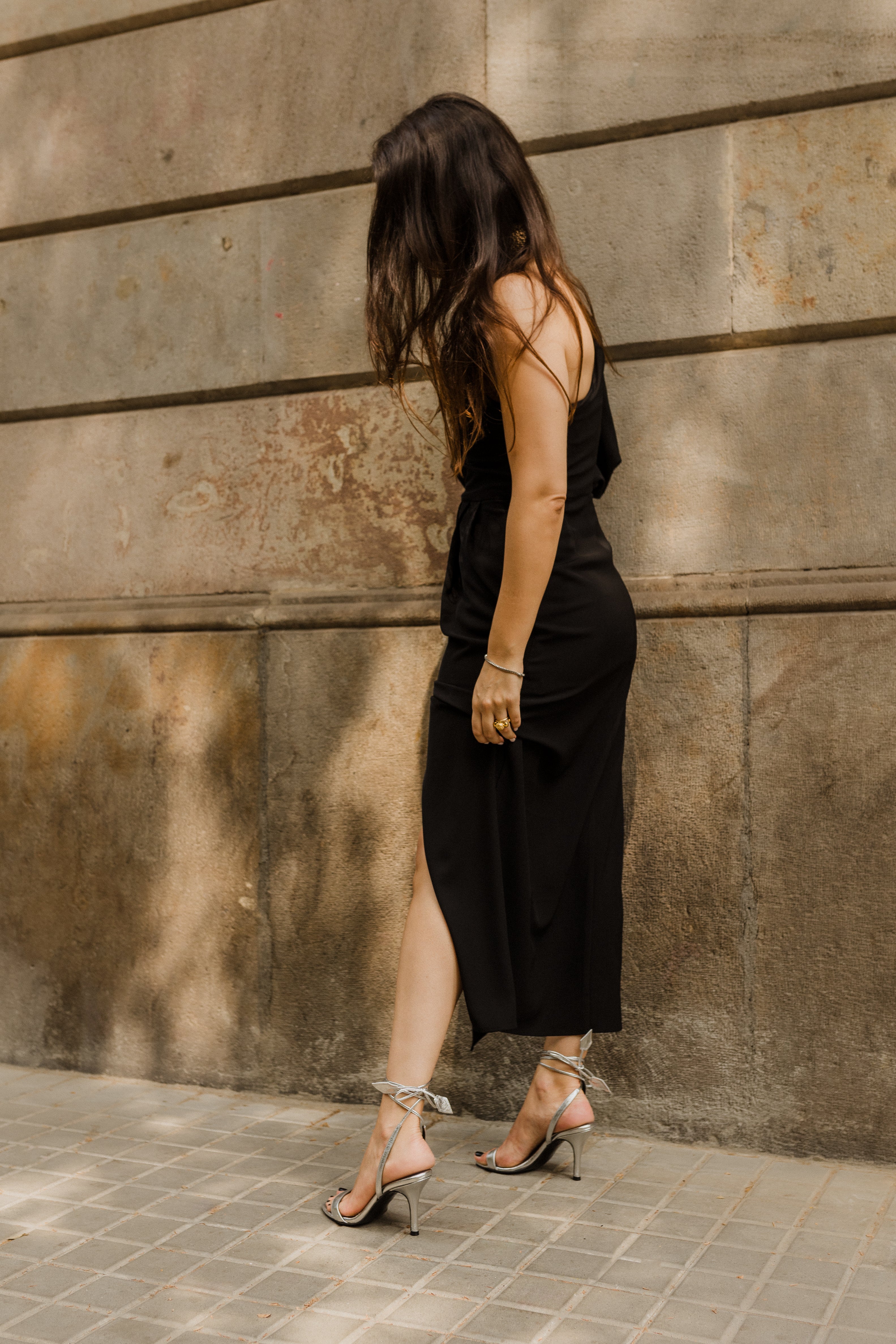 FIONA SILVER LAMINATED LEATHER HEEL SANDAL 8CM