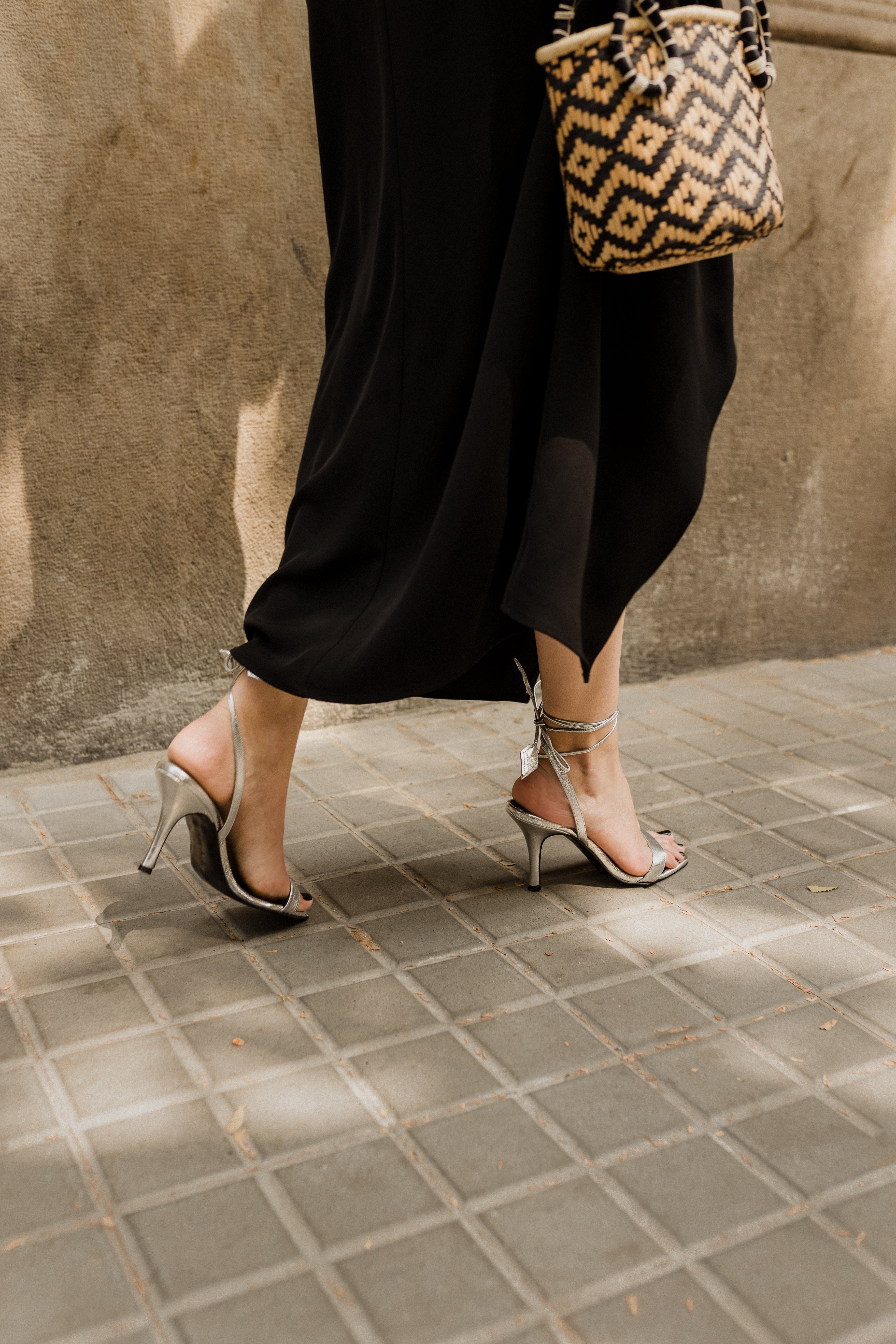 FIONA SILVER LAMINATED LEATHER HEEL SANDAL 8CM