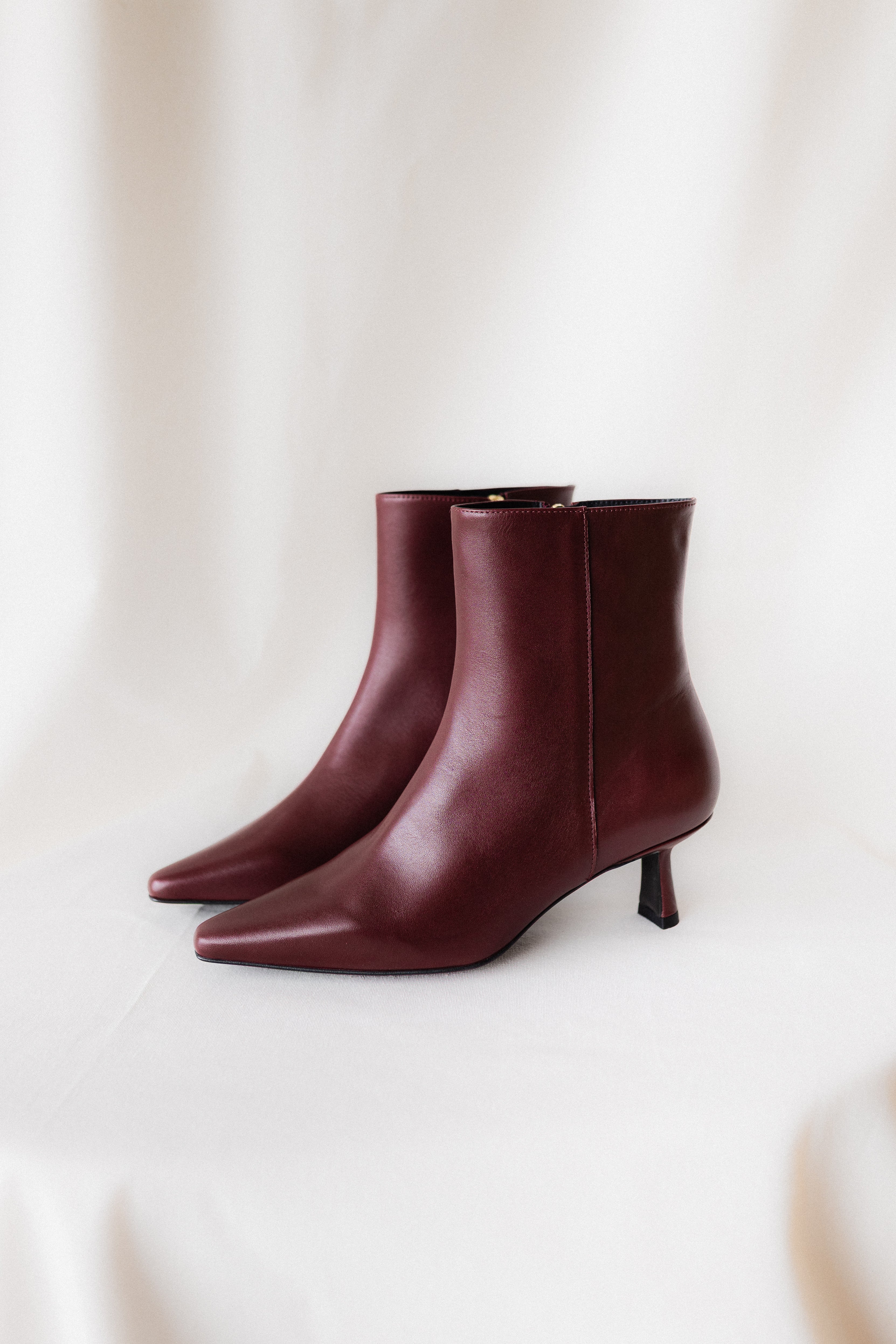PAULA BURGUNDY LEATHER ANKLE BOOT 5CM MIDI HEEL