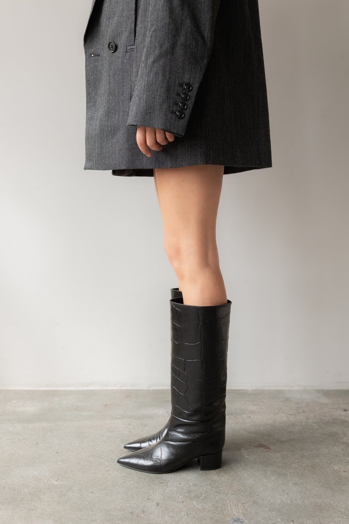 Bota Pipa Piel Coco Negro Tacón 3.5Cm