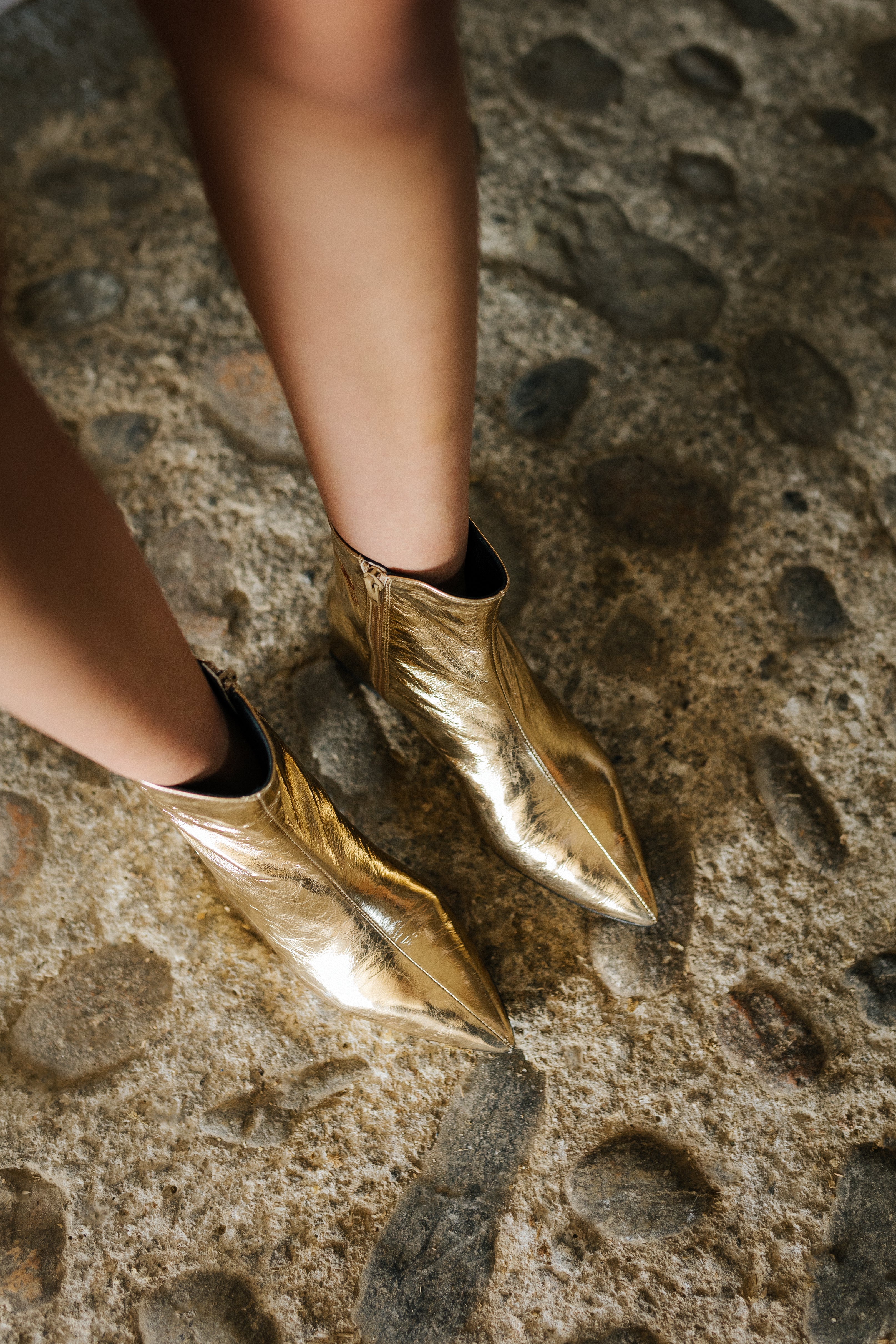 SILVIA GOLD LAMINATED LEATHER BOOT 4CM HEEL