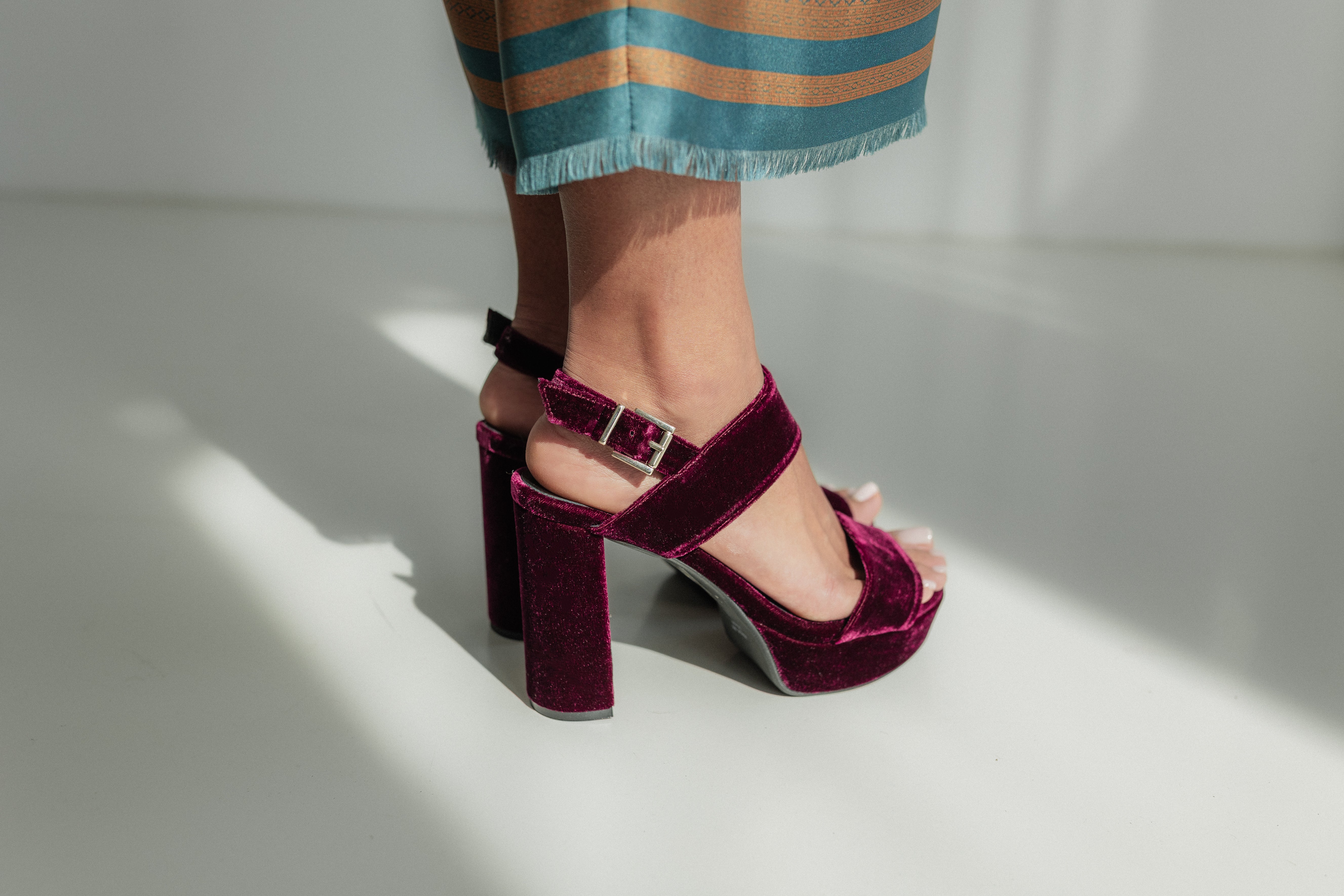 MONICA BURGUNDY VELVET SANDAL 10CM HEEL