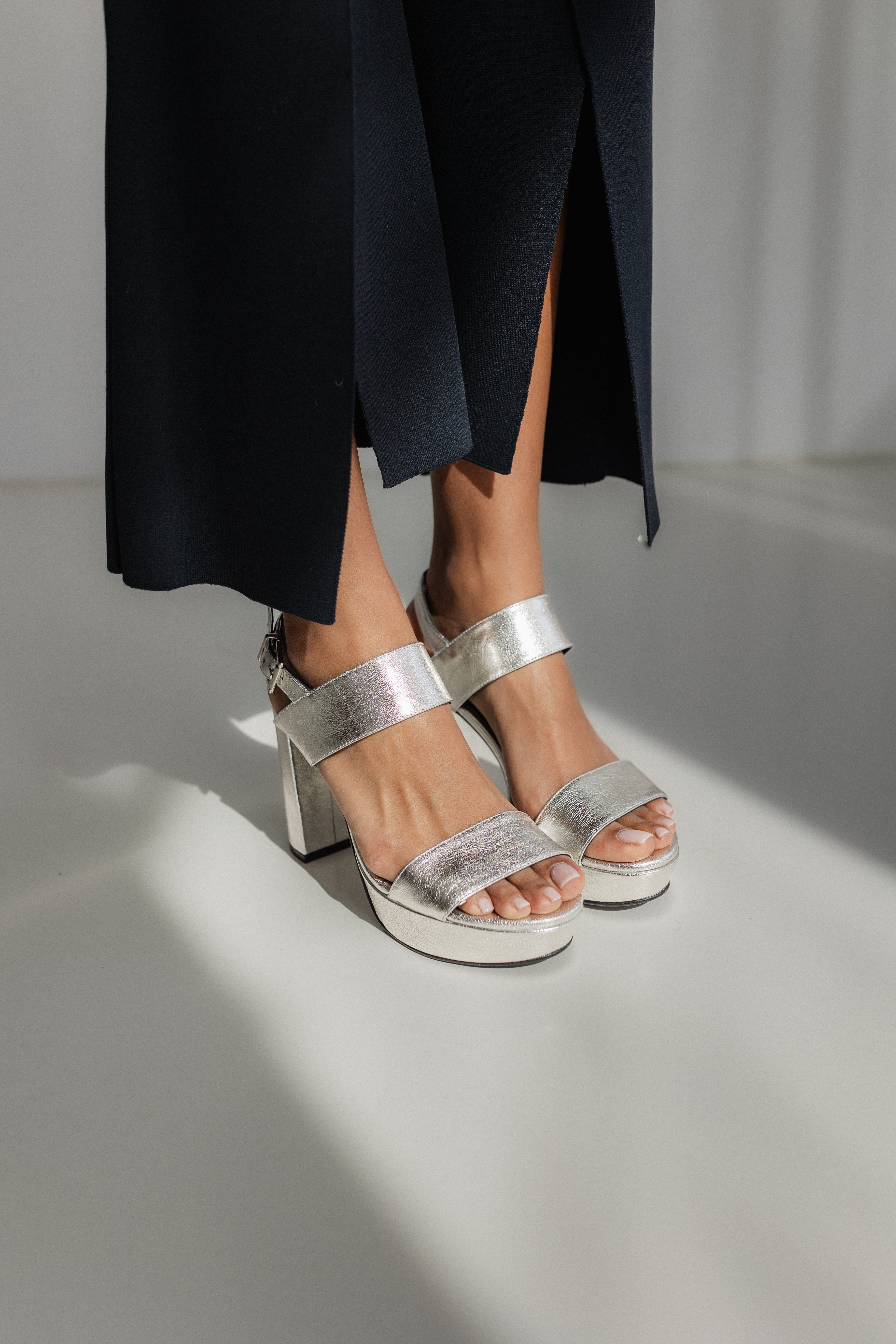 MONICA SILVER LEATHER SANDAL 10CM HEEL