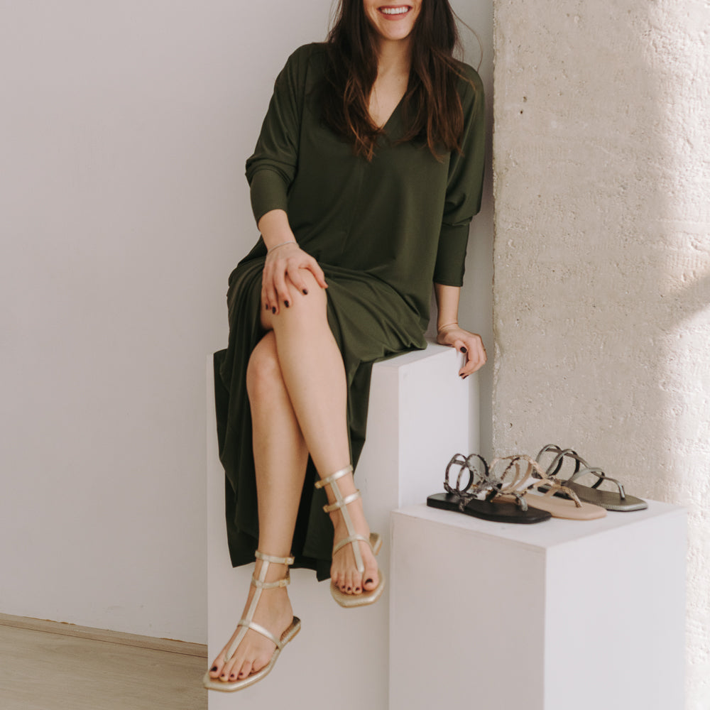 PATRICIA FLAT SANDAL IN LEAD-EMBROIDERED LEATHER
