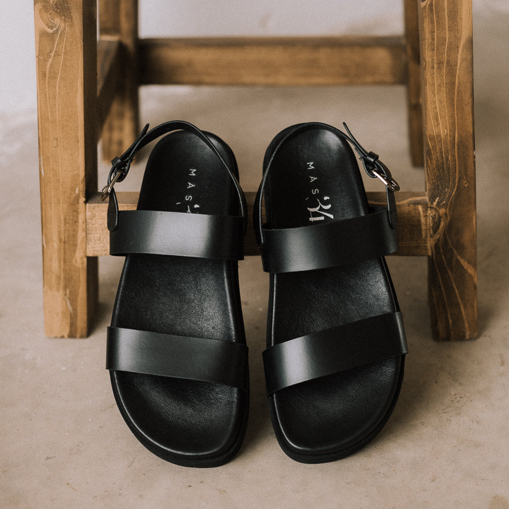 CARINA BLACK LEATHER FLAT SANDAL WITH 1.5CM PLATFORM