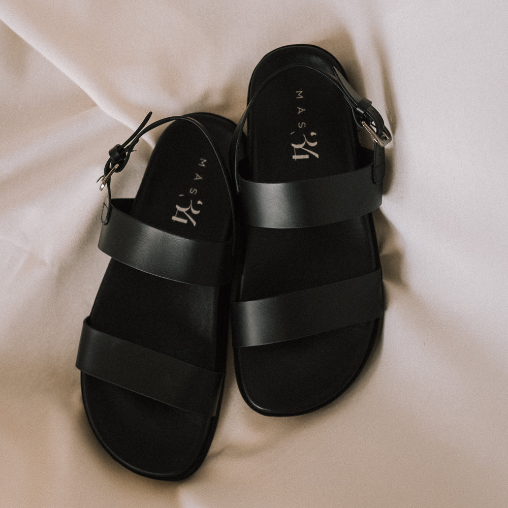 CARINA BLACK LEATHER FLAT SANDAL WITH 1.5CM PLATFORM