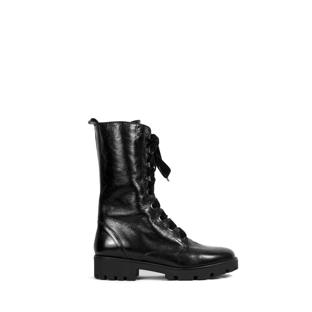 Bota motera baja para mujer, hecha a mano en piel negra con un tacón de 4 cm