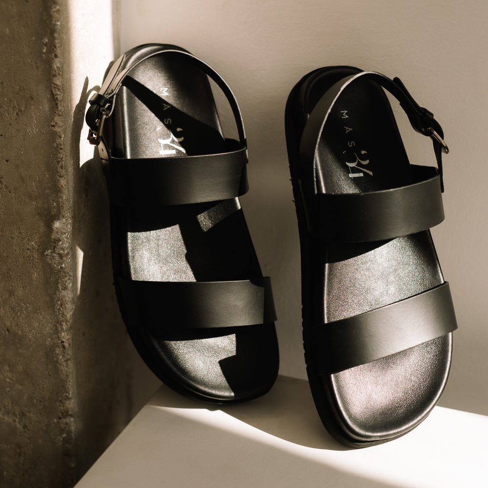 CARINA BLACK LEATHER FLAT SANDAL WITH 1.5CM PLATFORM