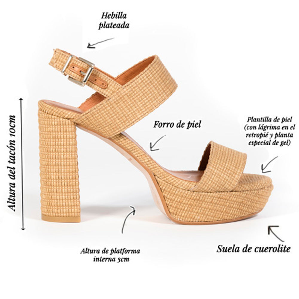 SANDALIA MÓNICA TACÓN 10CM PLATAFORMA RAFIA CAMEL