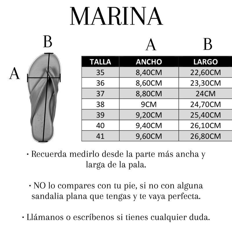 Tabla medidas de sandalia plana Marina en piel petroleo