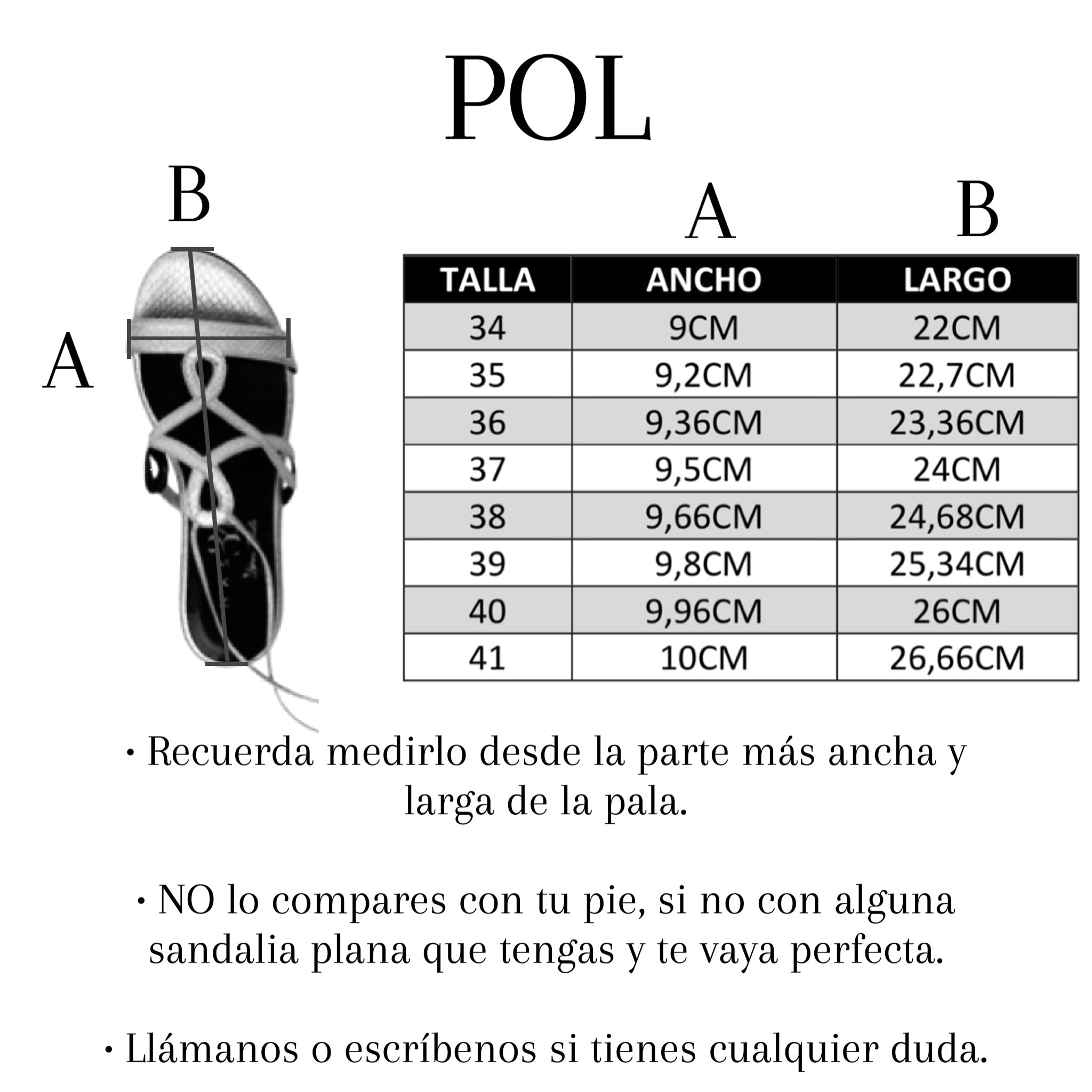 Tabla medidas sandalia plana Pol plata