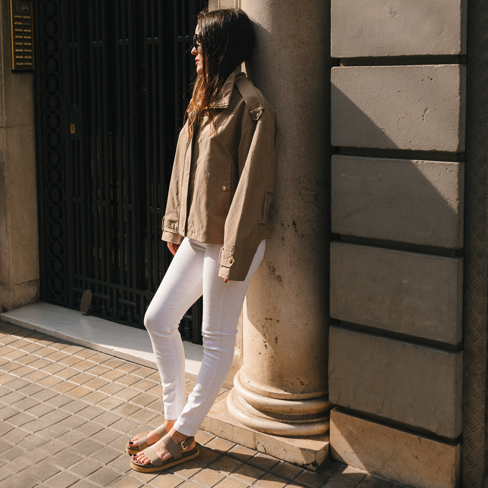 CARINA FLAT SANDAL IN TAUPE LEATHER WITH 1.5CM PLATFORM