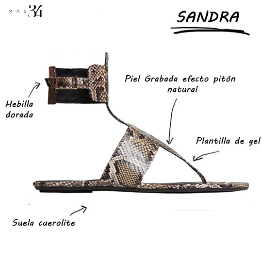 SANDALIA PLANA SANDRA PIEL GRABADA NATURAL