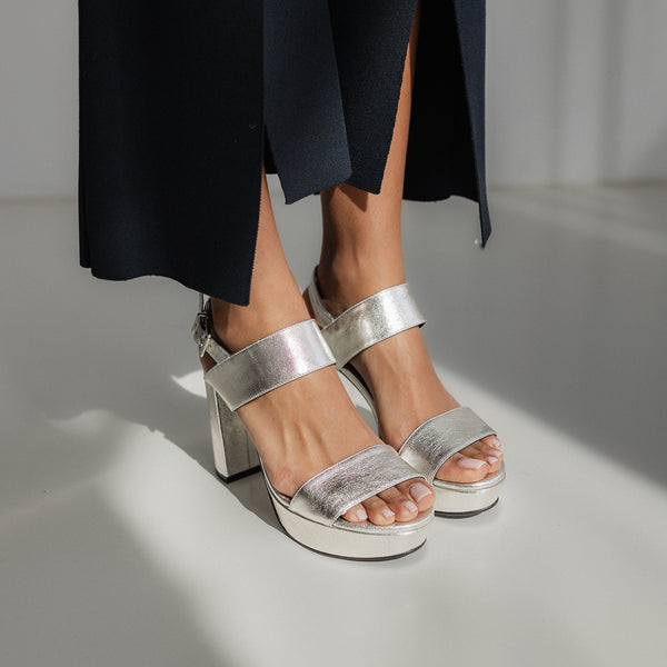 MONICA SILVER LEATHER SANDAL 10CM HEEL