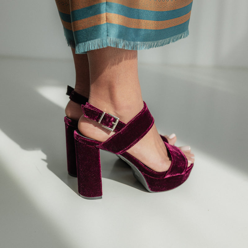 MONICA BURGUNDY VELVET SANDAL 10CM HEEL