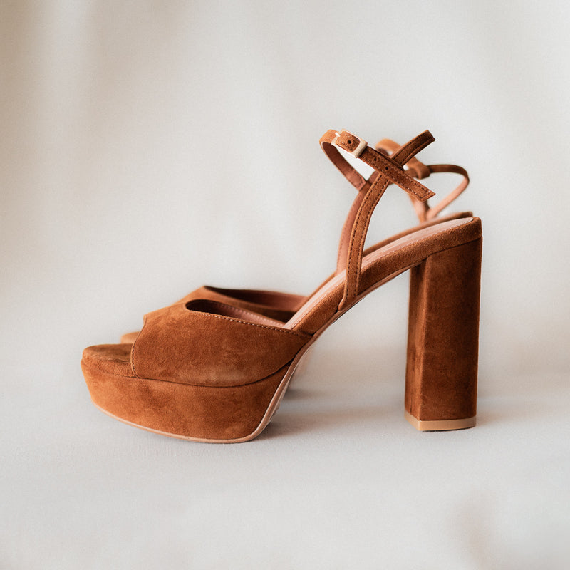 MAISA SANDAL WITH 10CM HEEL AND PLATFORM SUEDE COGNAC