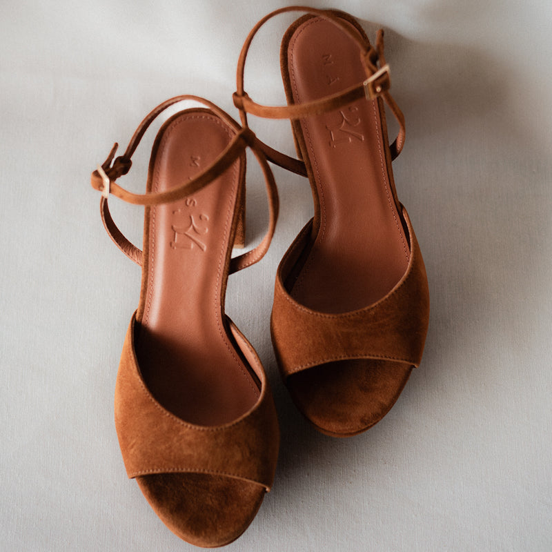 MAISA SANDAL WITH 10CM HEEL AND PLATFORM SUEDE COGNAC