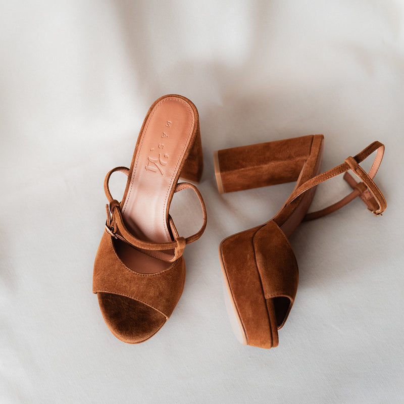 MAISA SANDAL WITH 10CM HEEL AND PLATFORM SUEDE COGNAC