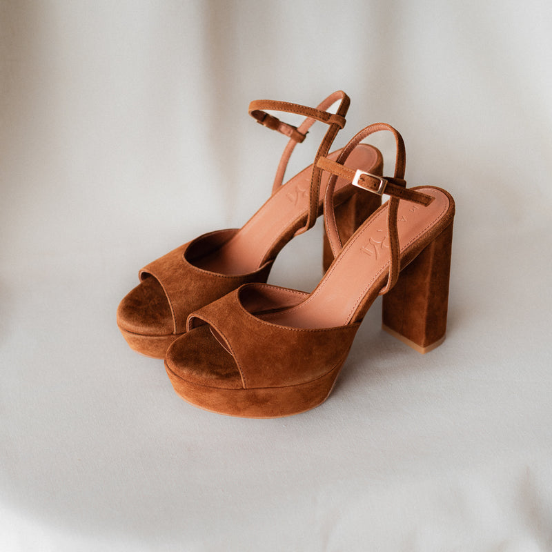 MAISA SANDAL WITH 10CM HEEL AND PLATFORM SUEDE COGNAC