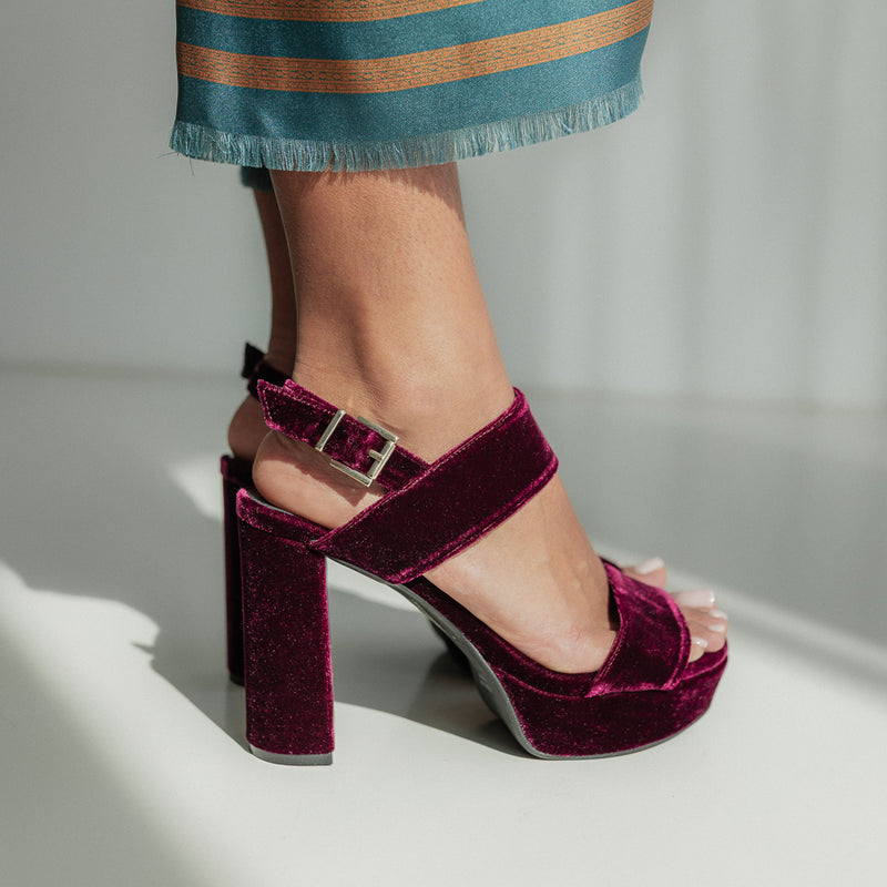 MONICA BURGUNDY VELVET SANDAL 10CM HEEL