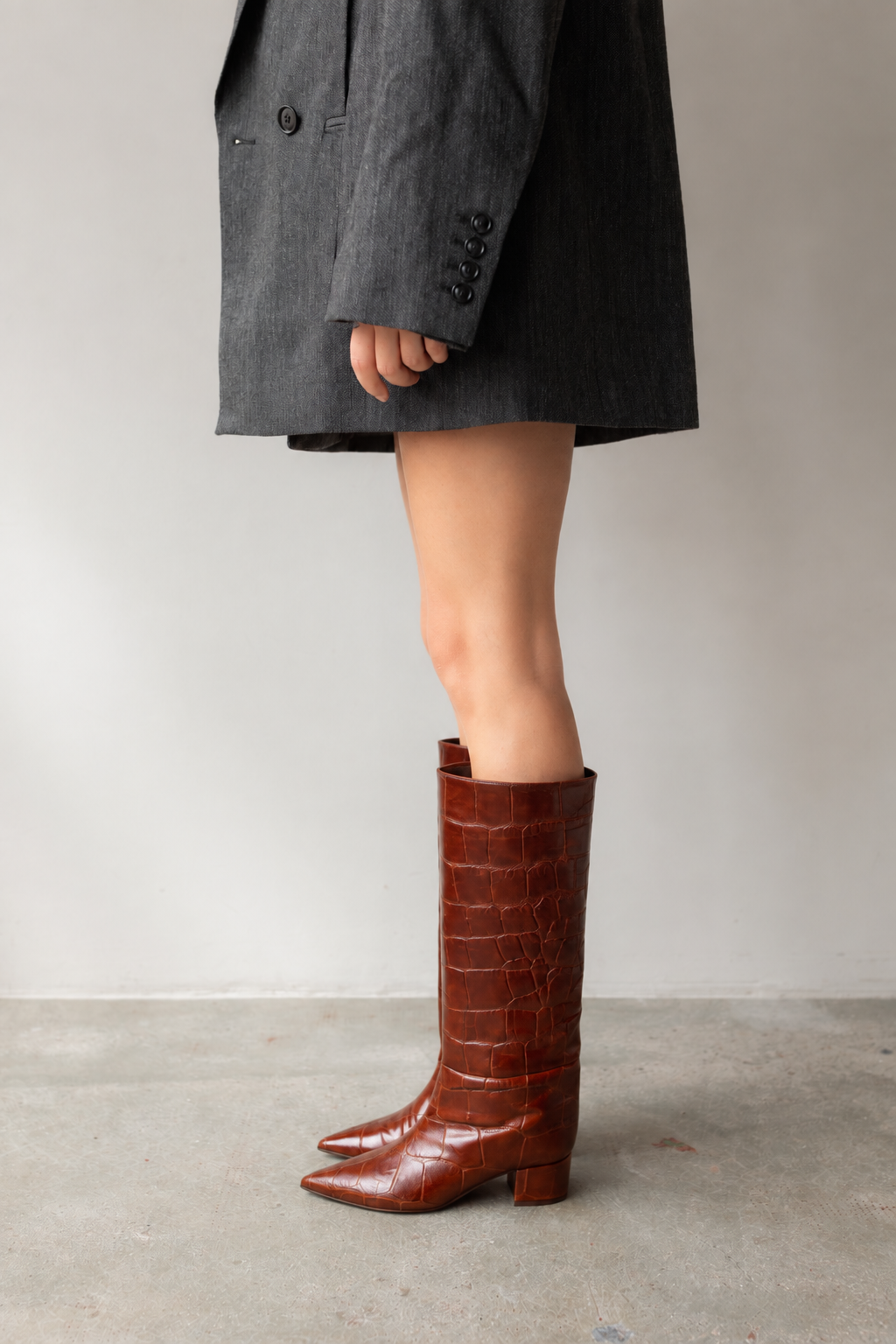Pipa Brown Croc-Effect Leather Boots 3.5 cm Heel