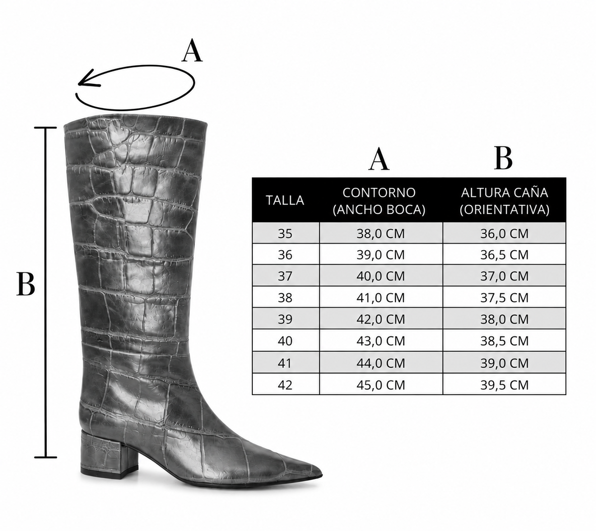 Bota Pipa Piel Coco Negro Tacón 3.5Cm