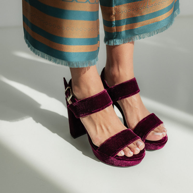 MONICA BURGUNDY VELVET SANDAL 10CM HEEL