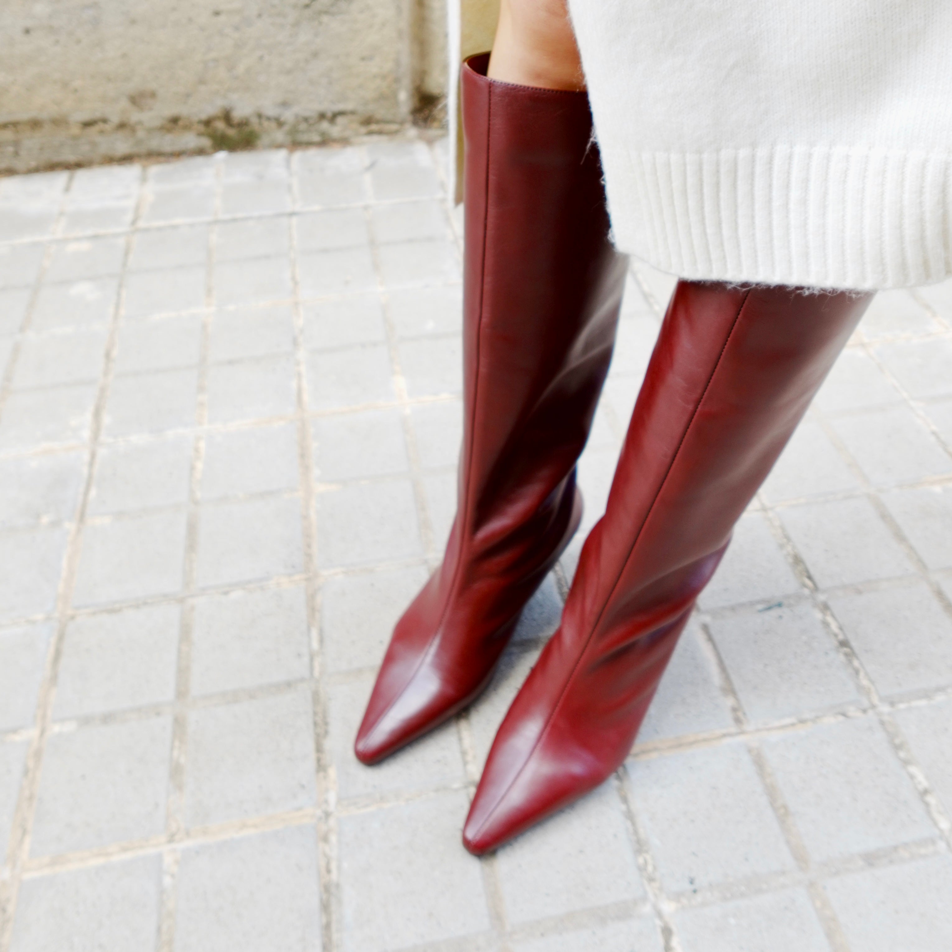 PEPA BOOT BURGUNDY LEATHER MIDI HEEL 5CM