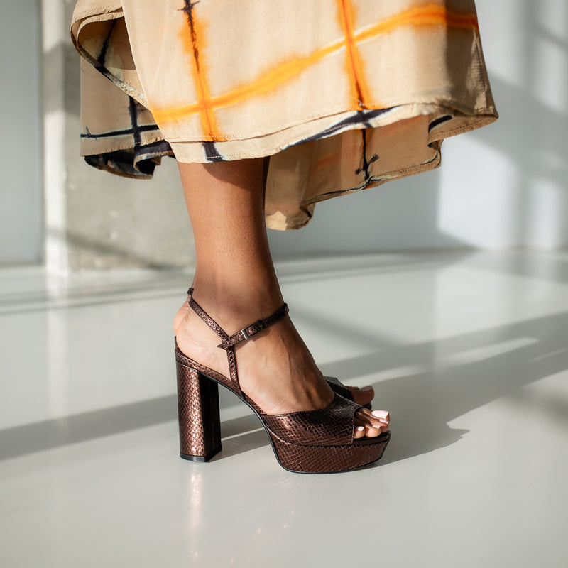 MAISA SANDAL WITH 10CM HEEL, PLATFORM, LAMINATED LEATHER, BROWN