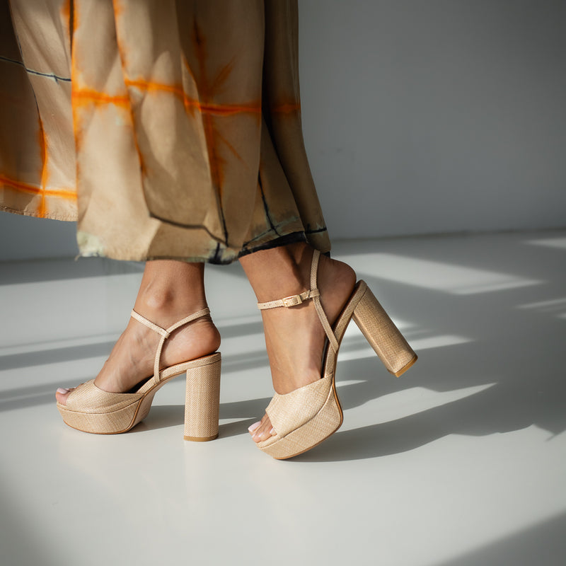 MAISA SANDAL WITH 10CM HEEL NATURAL LINEN PLATFORM