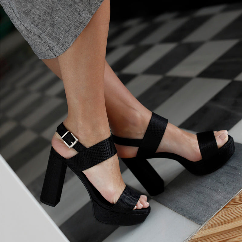 De Plataforma Zapatillas Negras De Tacon Ancho Sandalias Negras