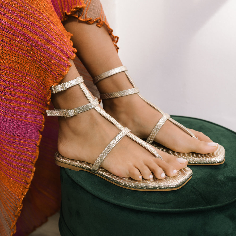 PATRICIA FLAT SANDAL IN PLATINUM ENGRAVED LEATHER