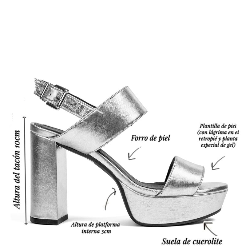 Infografía sandalia de tacón y plataforma Mónica piel plata