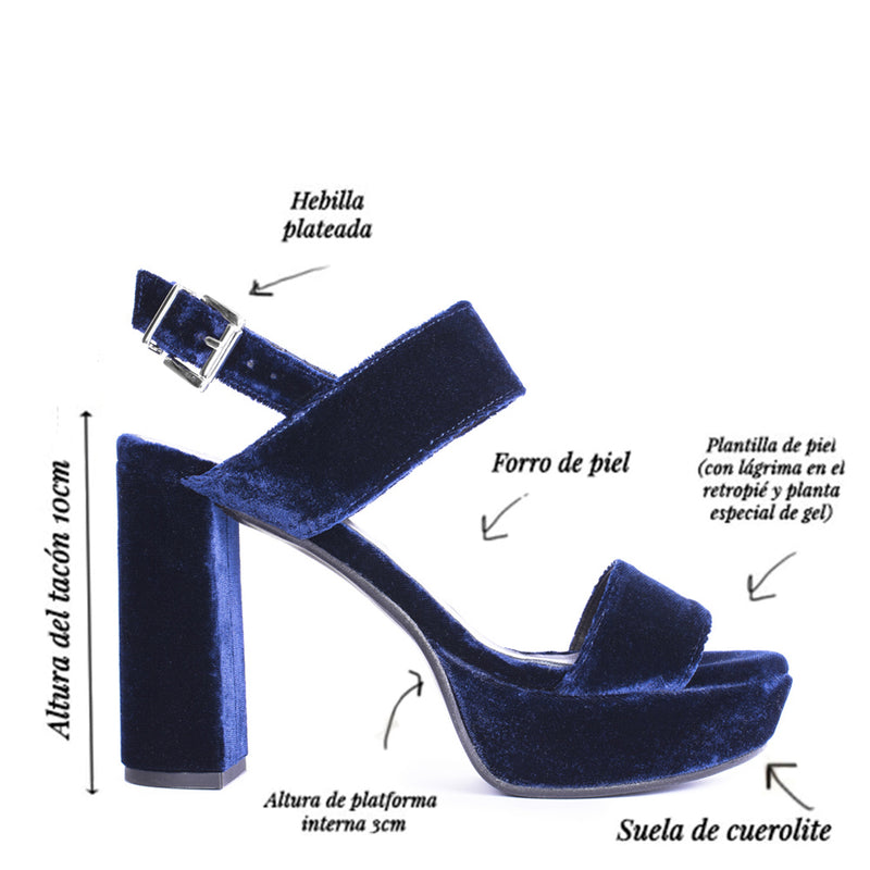 Infografía sandalia de tacón y plataforma Mónica terciopelo azul