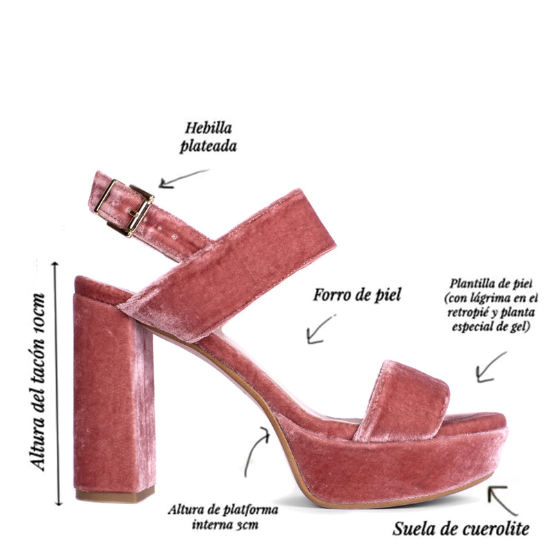 Infografía sandalia de tacón y plataforma Mónica terciopelo rosa